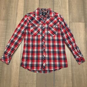 Rock Roll n Soul Shirt Mens M Plaid Red Solo Cup White Blue Pearl Snap Skull